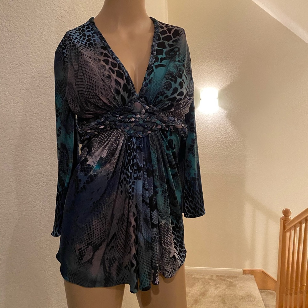 Sky Teal and Navy Animal-Print Twist-Front Blouse